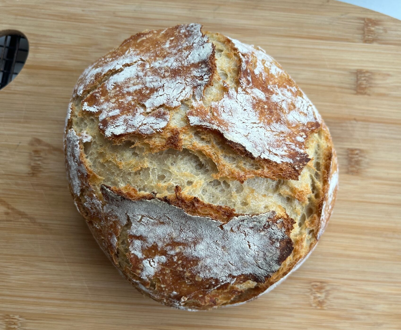 no knead bread on a wooden cutting board